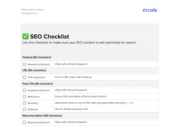 Ercule's on-page SEO checklist