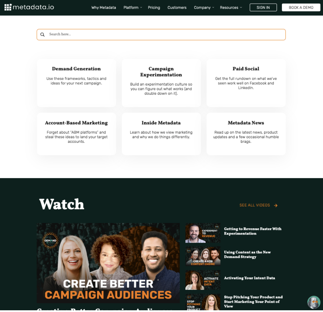 Metadata content hub screenshot Metadata's content hub makes search across categories simple and intuitive